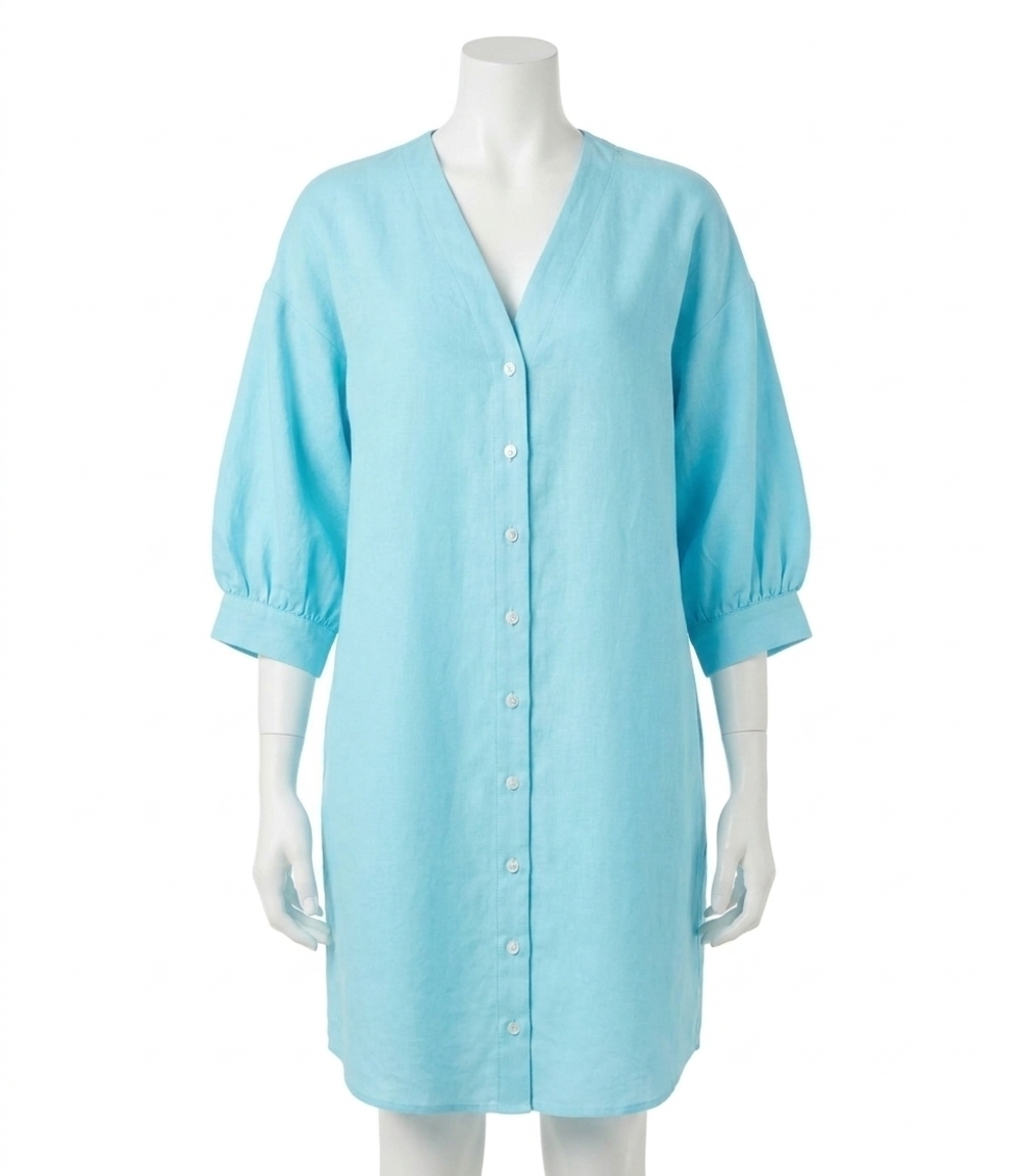 NEW KAREN KANE lantern sleeve pearl button-front dress in aqua